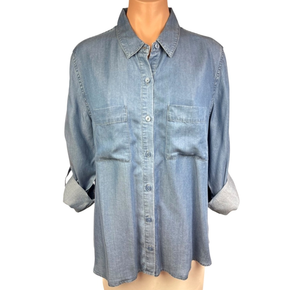 Jones New York Sz L Blue Blouse Button Front Collared 100% Tencel 3/4 Sleeve